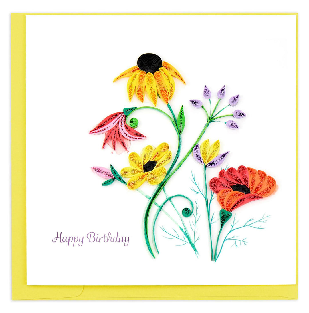 A greeting card with a quilled floral design, including sunflowers and other wildflowers, with 'Happy Birthday' text and an envelope.