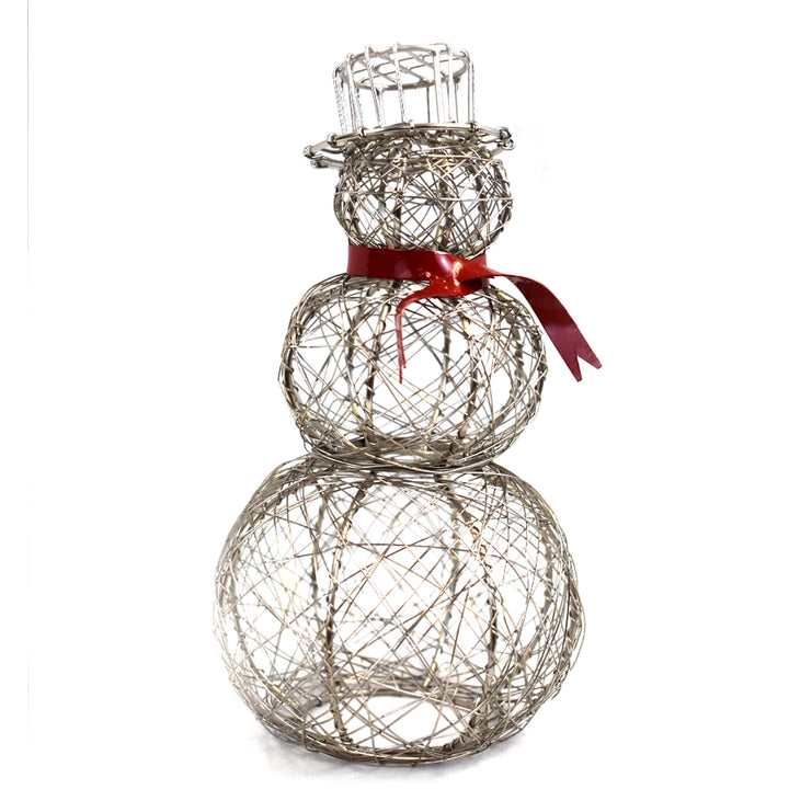 Decorative wire snowman with a red scarf on a white background