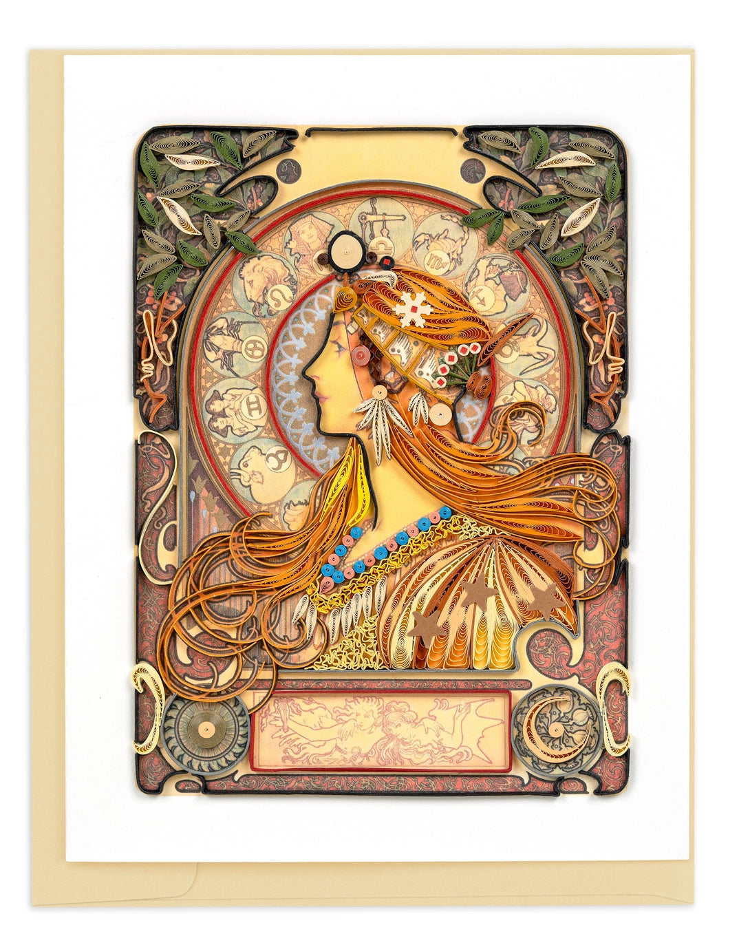 Decorative quilled card with an Art Nouveau-style illustration of a woman with flowing hair and intricate patterns.