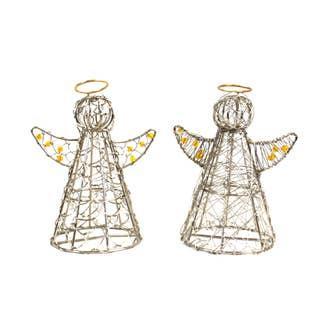 Two gold halo wire angel decorations with intricate metal wire and gold bead details, intended for seasonal display, handmade in India.