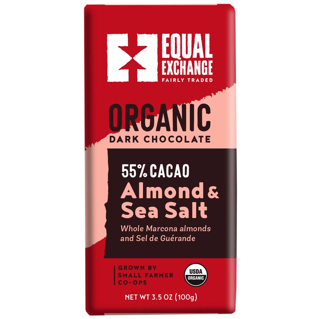 Almond and sea salt organic dark chocolate bar on a white background.
