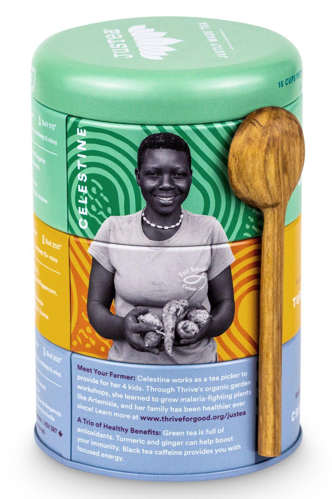 A set of three Justea loose leaf tea tins production facts.