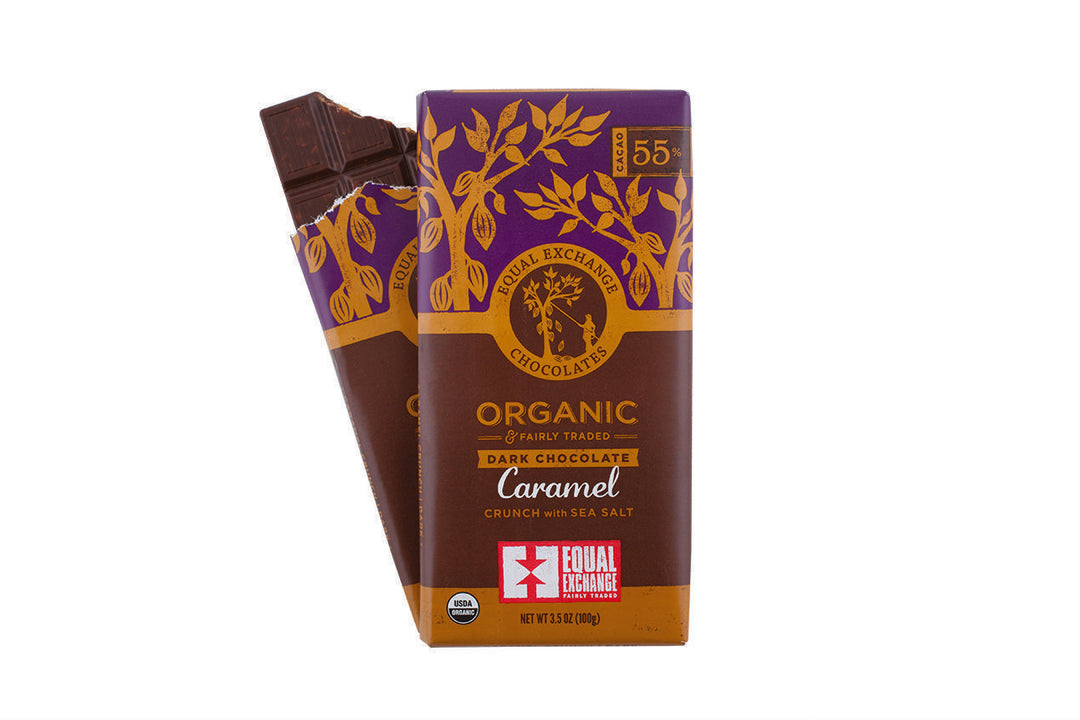 Dark chocolate caramel bar on a white background. 