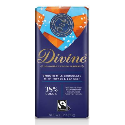 A bar of Divine milk chocolate with toffee and sea salt, 38% cocoa, 3 ounces.