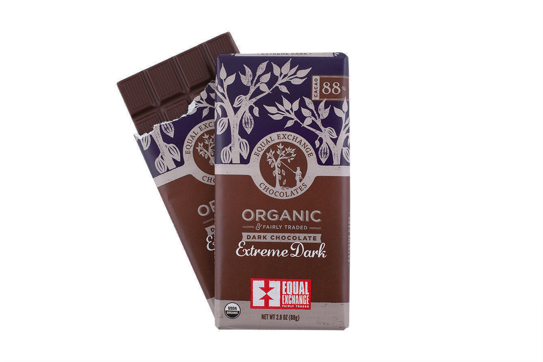 Equal Exchange Extreme Dark chocolate bar on a white background.