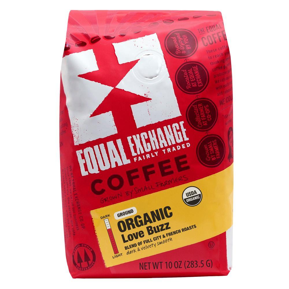 Equal Exchange Love Buzz coffee on white background