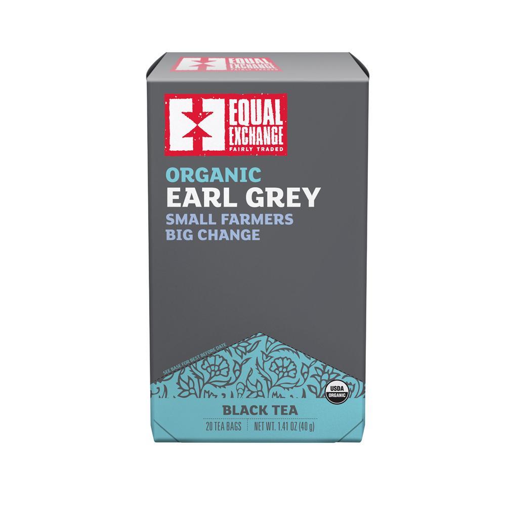 A box of Equal Exchange Organic Earl Grey Tea with 20 tea bags. The packaging is gray with a blue pattern and the Equal Exchange logo, and text stating 'Organic Black Tea' and 'Small farmers big change'.