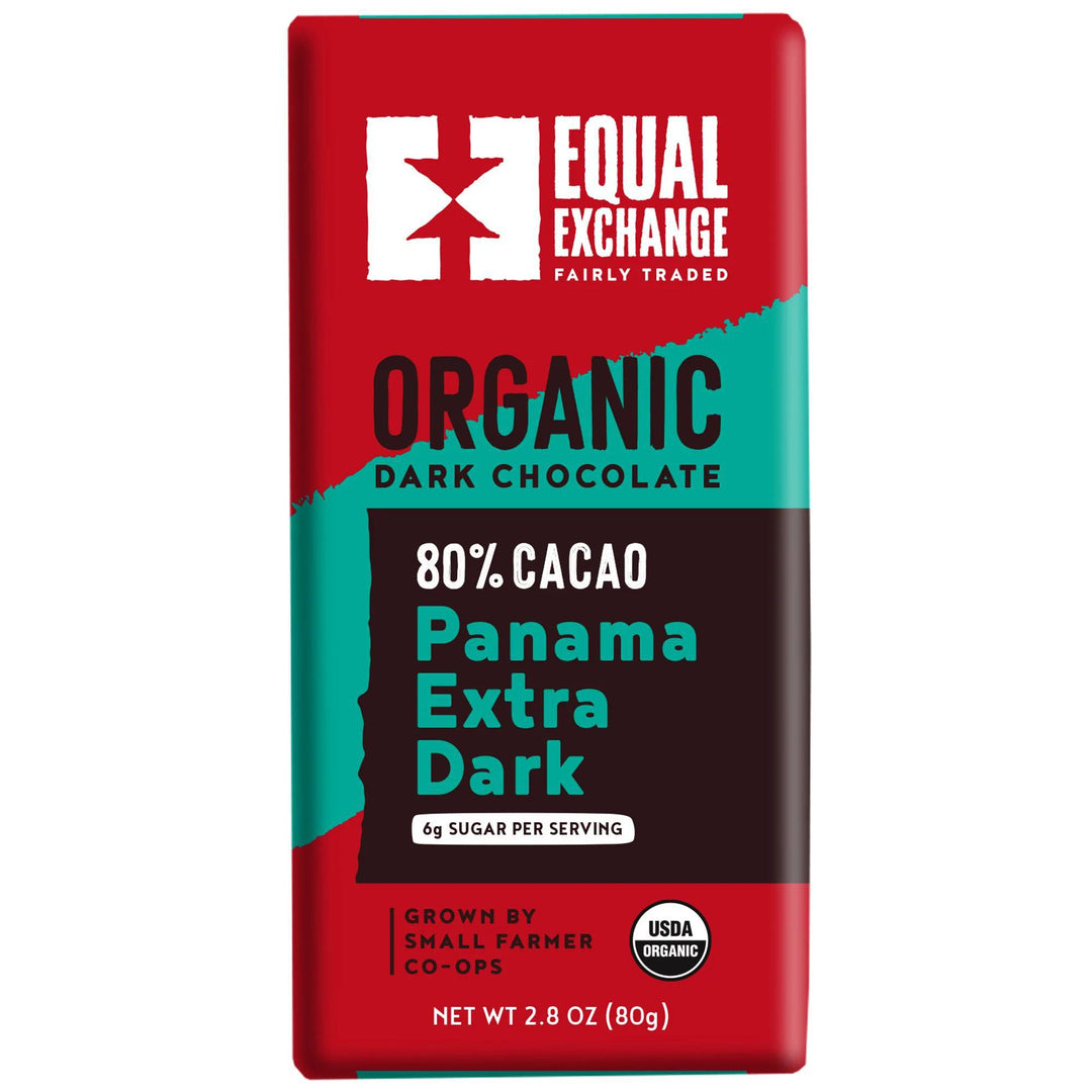 Equal exchange 80% cacao Panama extra dark bar on a white background 