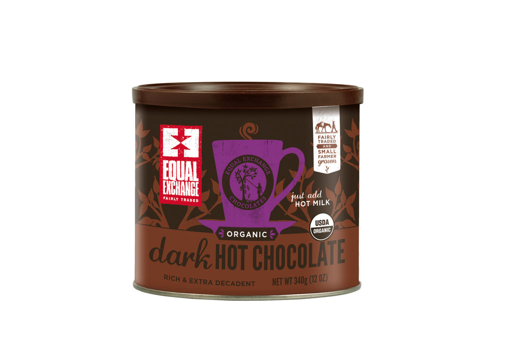 Equal exchange dark hot chocolate mix on a white background.