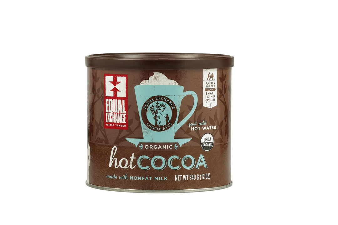 A can of Equal Exchange Hot Cocoa, with organic and fair trade certification logos, and a cup design on the front.