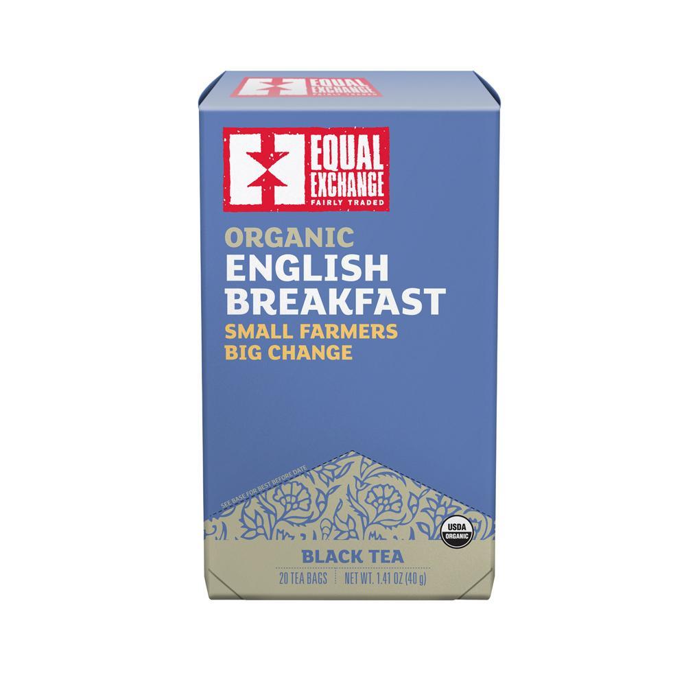 Equal exchange organic English Breakfast tea on a white background.