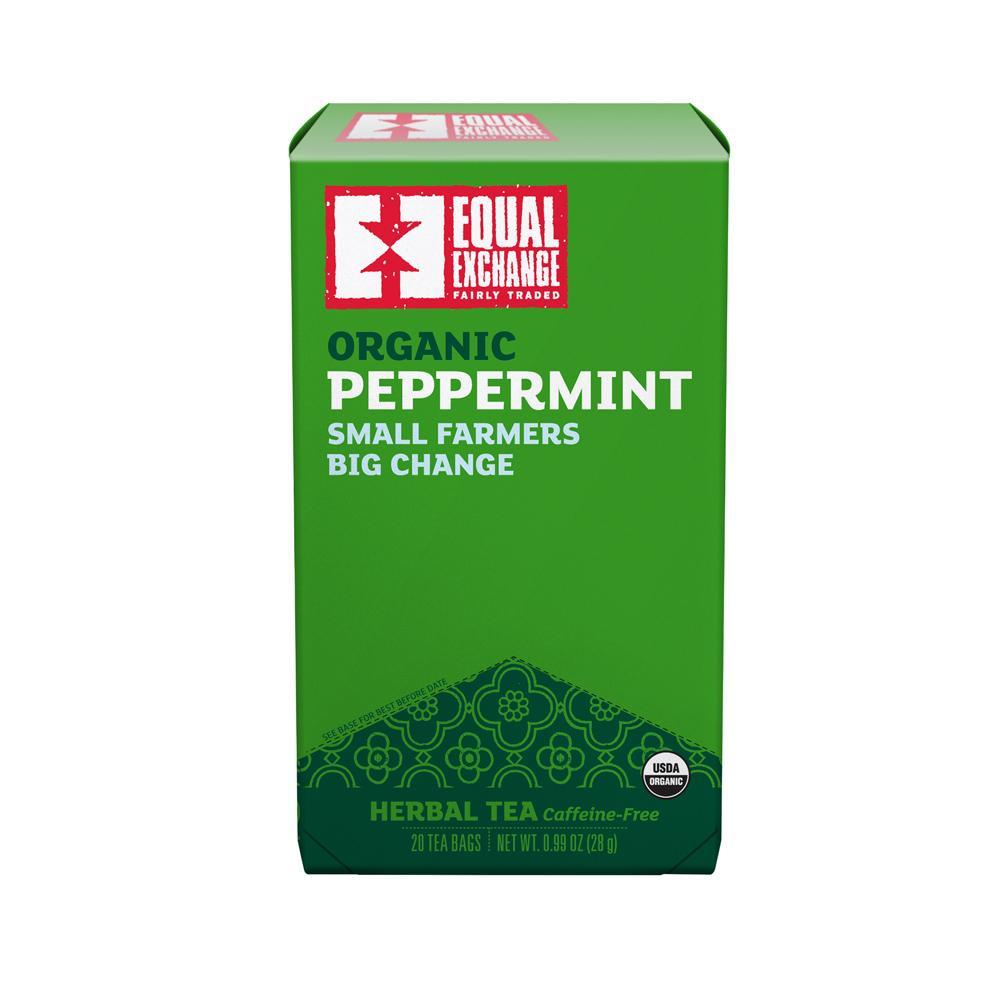 Equal exchange organic peppermint tea on a white background. 