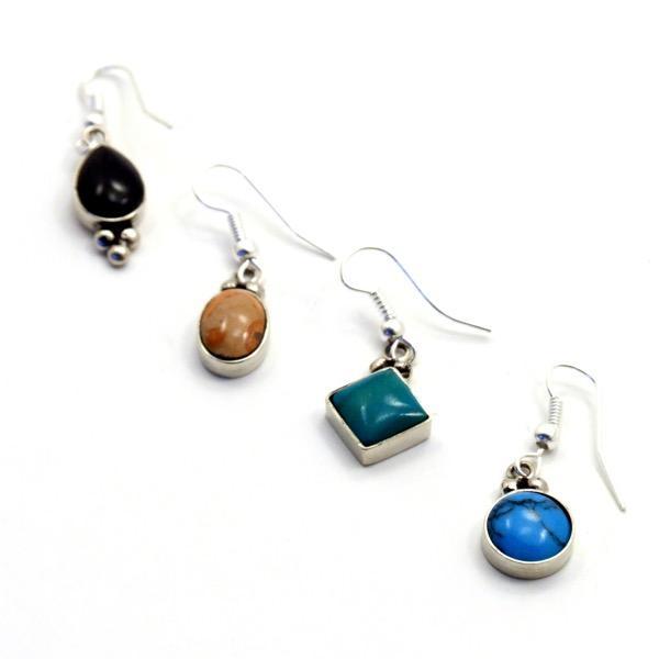 A collection of four Jane earrings in varying colors, all featuring a simple round stone attached to a silver-colored hoop earrings.