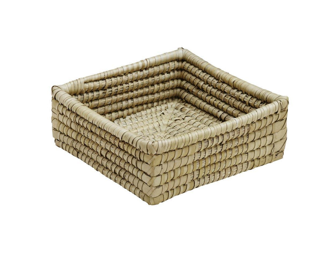 A beige, square-shaped Kaisa grass basket handwoven from natural materials, displayed against a white background.