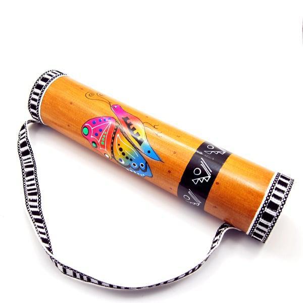 rainstick with strap, decorated with butterfly design, standing upright against a white background.