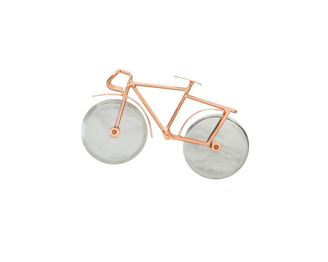 A pizza cutter designed to resemble a bicycle, with a copper plated frame and silver-colored blades.