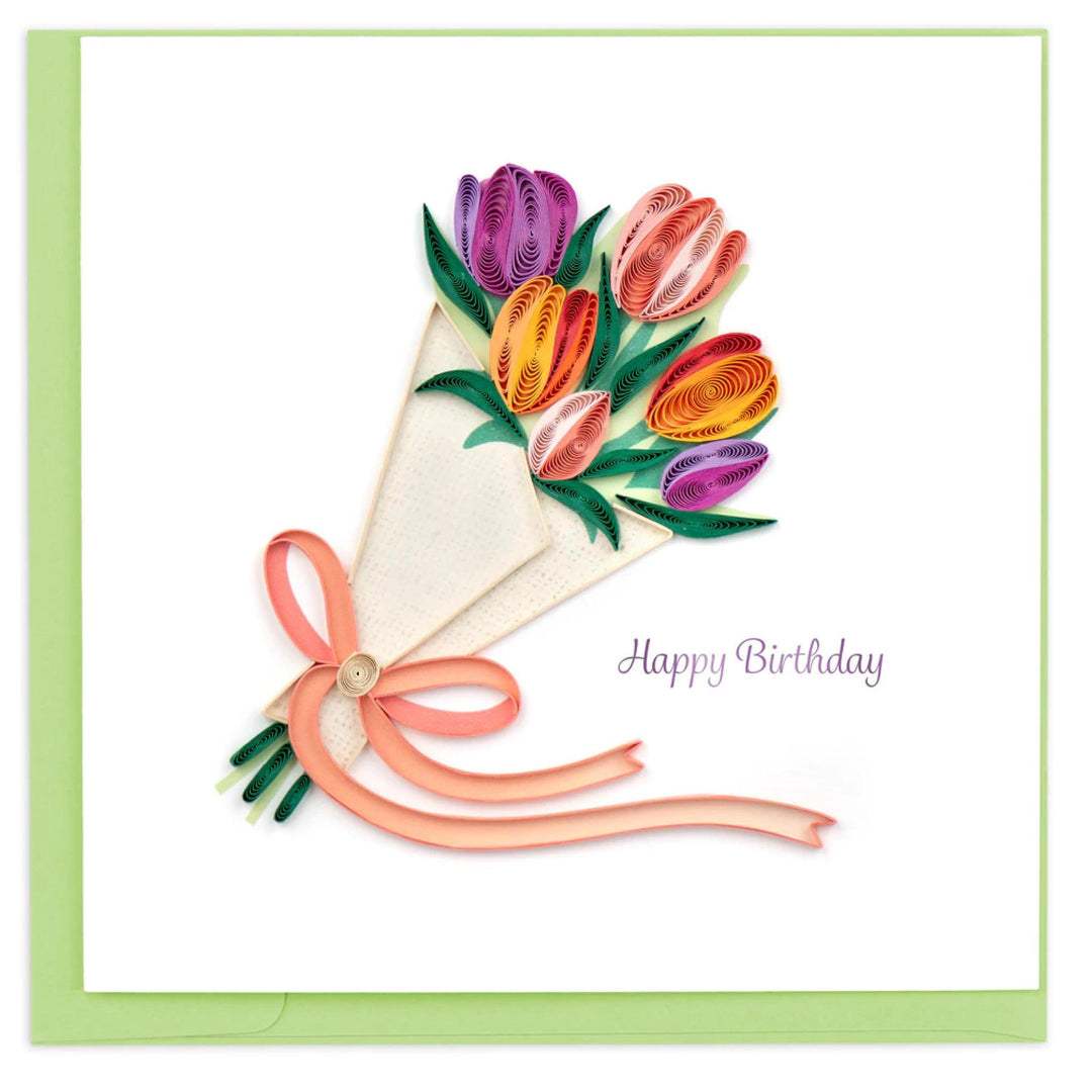bouquet of tulips with "Happy Birthday" quilling card with a light green envelope