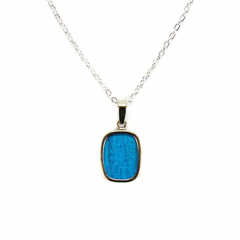 A gold-colored necklace with a circular pendant featuring green butterfly wings.