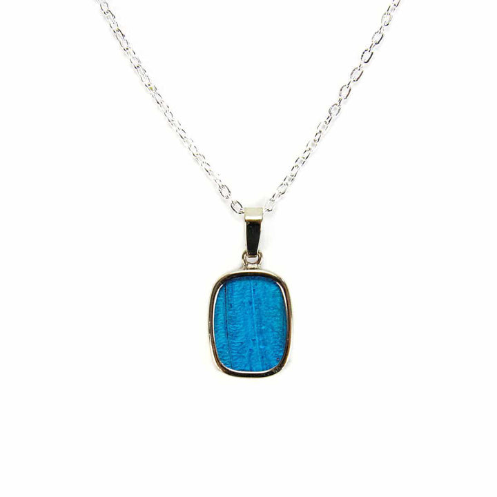 A gold-colored necklace with a circular pendant featuring green butterfly wings.
