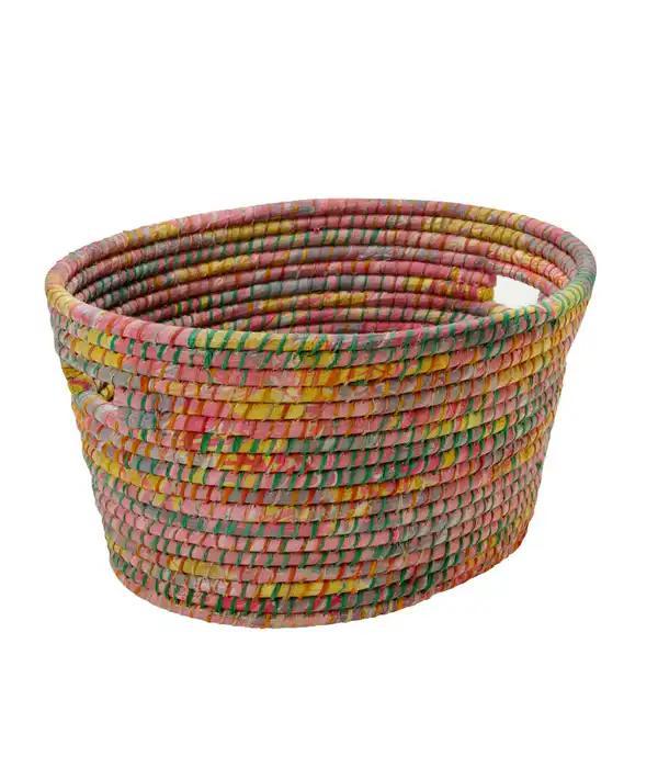 Bright Sari laundry basket on a white background