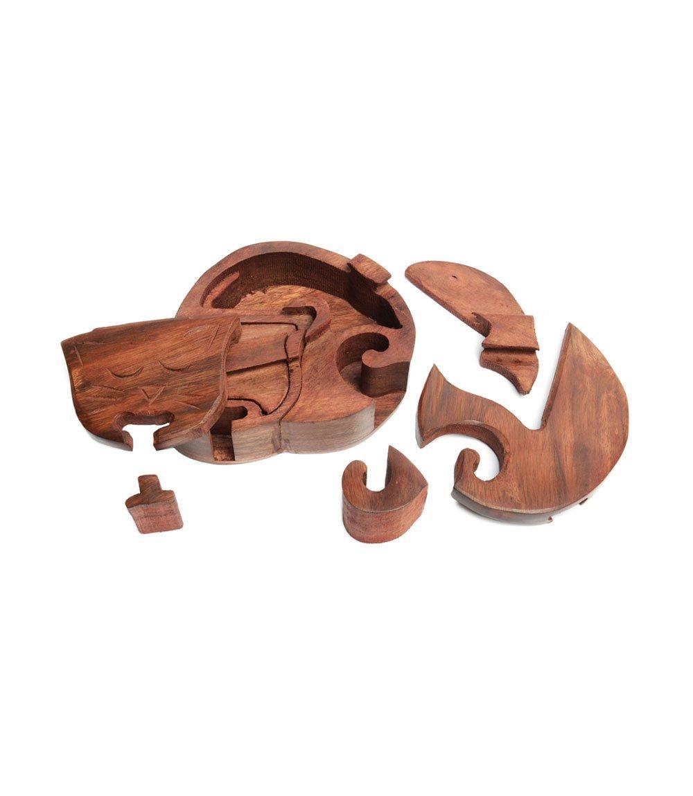 Cat puzzle box hand made out of wood taken apart on a white background 