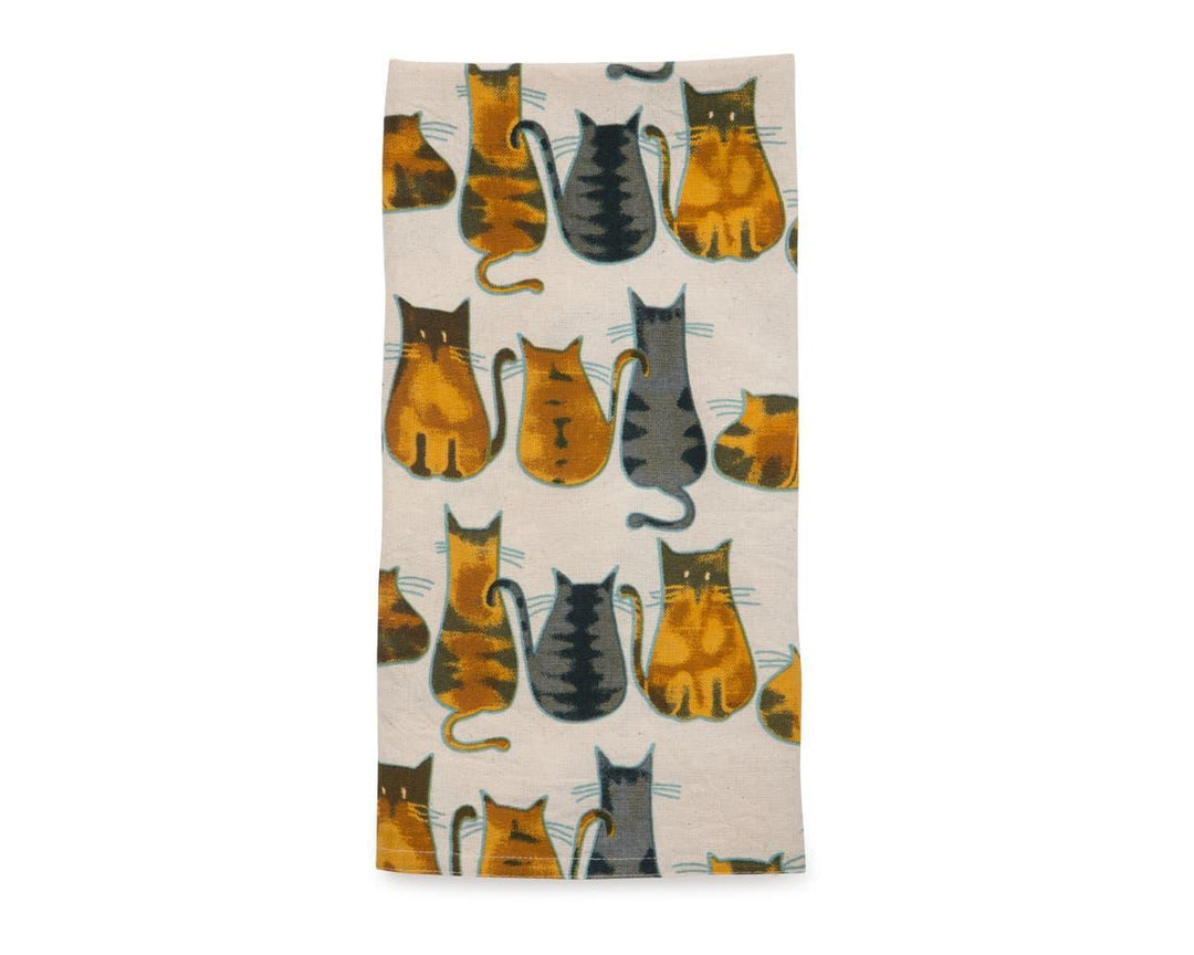 Cat print tea towel on a white background
