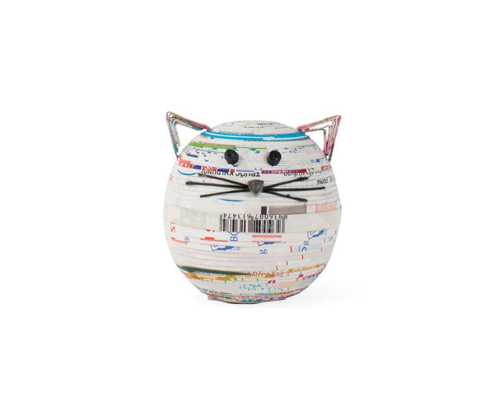 coiled paper box in the shape of a cat on a white background