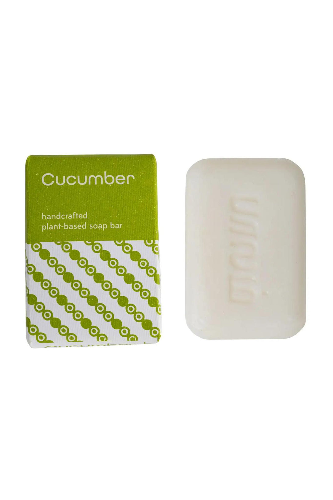 A cucumber-scented bar of soap next to its green and white packaging, labeled 'Cucumber handcrafted kit'.