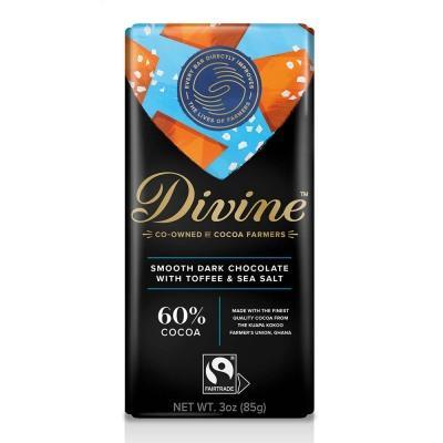 A bar of Divine dark chocolate with toffee and sea salt, 60% cocoa, 3 ounces, fair-trade certified.