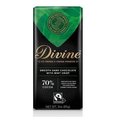 A bar of Divine dark chocolate with mint, 70% cocoa, 3 ounces, with fair-trade and vegan certification logos.