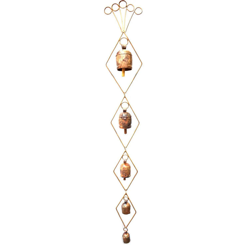 A vertical wind chime with a series of bells, connected by a golden frame against a white background.