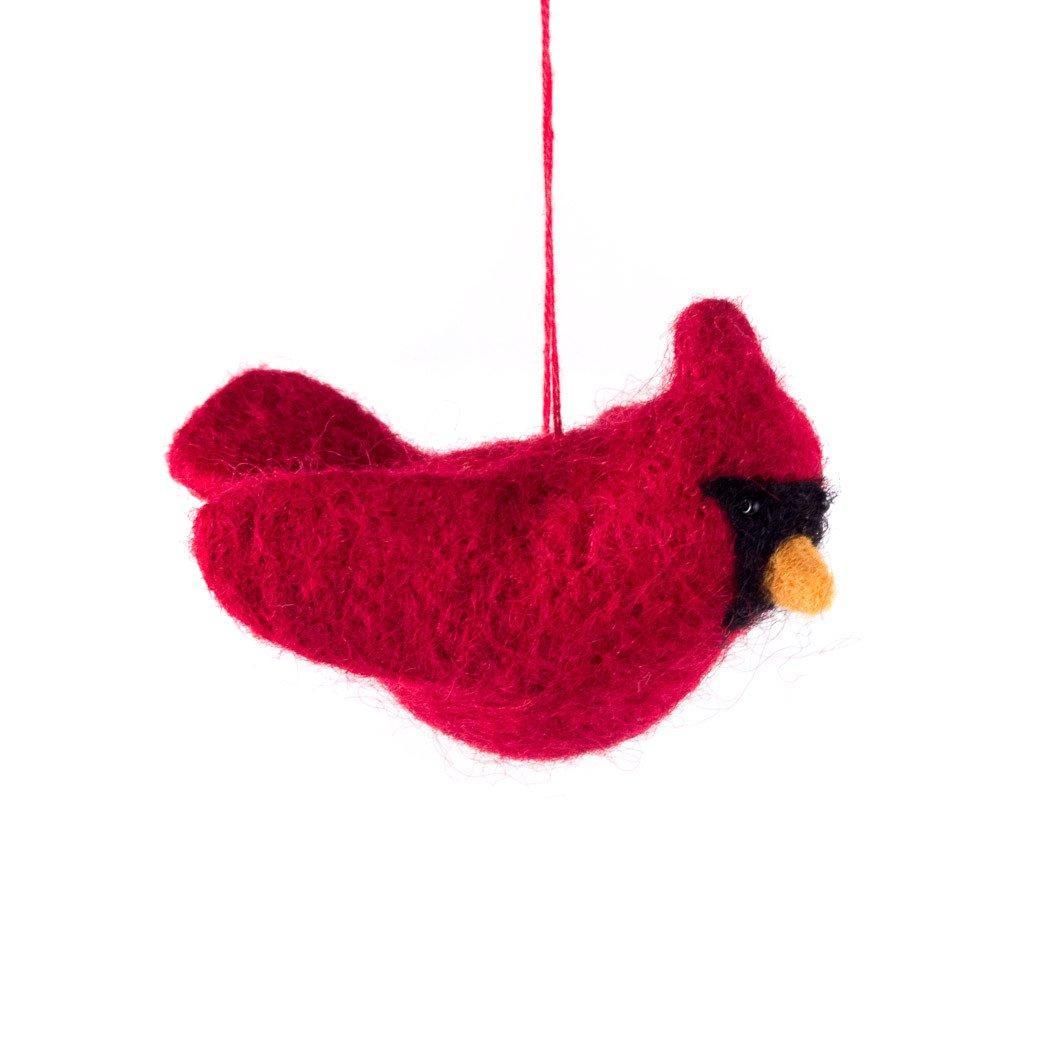 A felted wool red cardinal ornament with a string hanging loop.