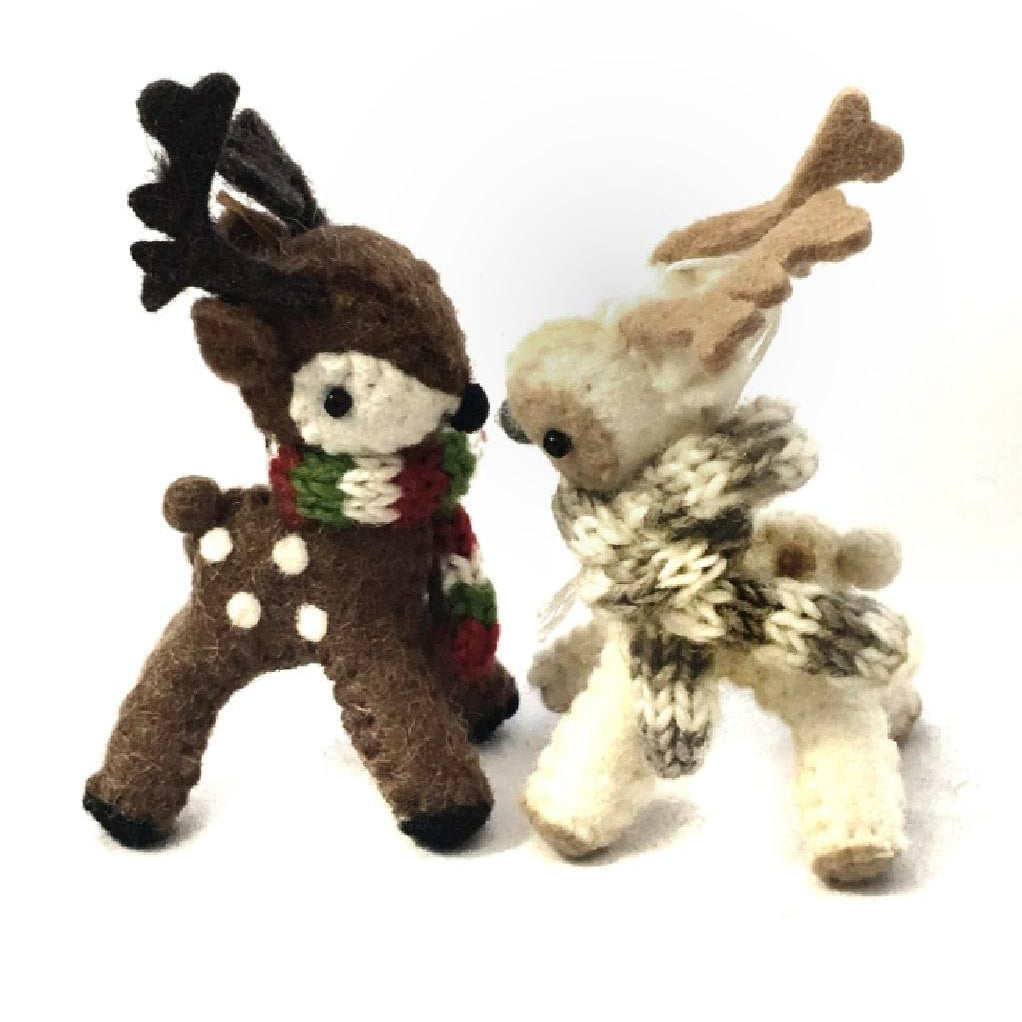 Two handcrafted felt deer ornaments with Christmas tree decoration in mind, one in brown with a white belly and red and green scarf, and the other in a light brown color with a green and red scarf. Both have a 'Hanging Loop' for easy attachment.