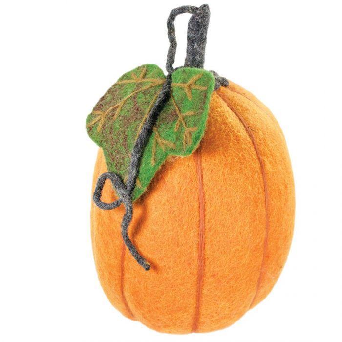 Handmade felt orange pumpkin with green leaf and stem, standing 8 inches tall.