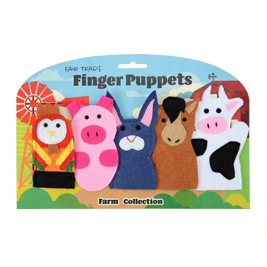 A set of five finger puppets featuring animal designs, including a rooster, pig, rabbit, horse, and cow displayed on a card with the text 'FAIR TRADE FINGER PUPPETS' and 'Farm COLLECTION'.