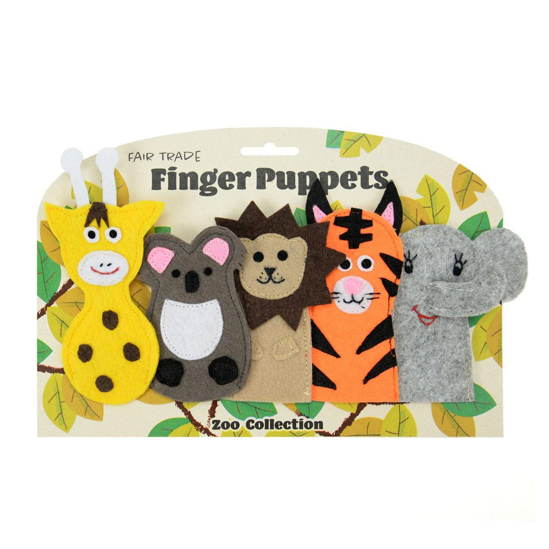 A set of five finger puppets featuring animal designs, including a giraffe, monkey, lion, tiger, and mouse, displayed on a card with the text 'FAIR TRADE FINGER PUPPETS' and 'ZOO COLLECTION'.