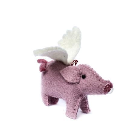 A pink felt wool ornament in the shape of a flying pig with white wings.