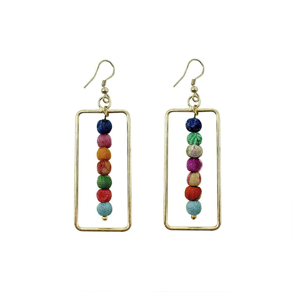 A pair of rectangular Kantha earrings with metallic gold frames and multicolored beads.