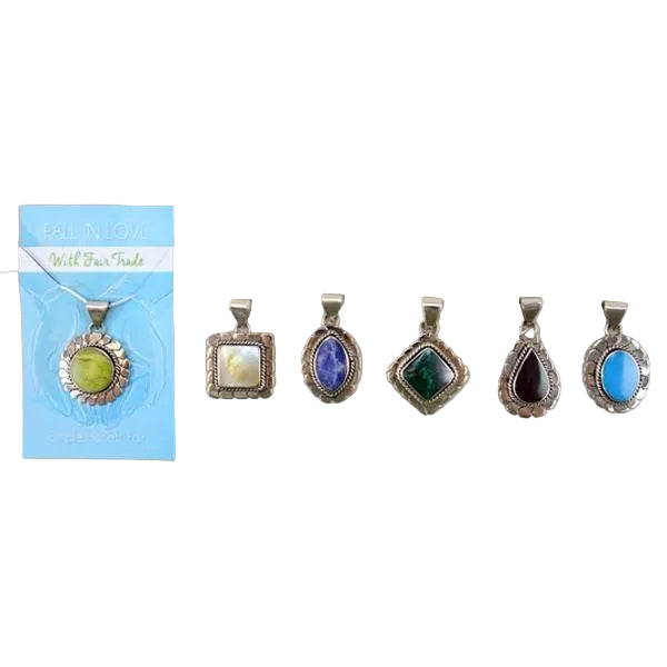 A series of five framed necklaces with varying colors and designs, set on a flat surface with a blue background. Each necklace features a different color semi-precious stone pendant, attached to a silver-colored alpaca chain.