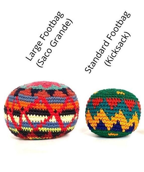 two hacky sacks side by side showing size comparison 