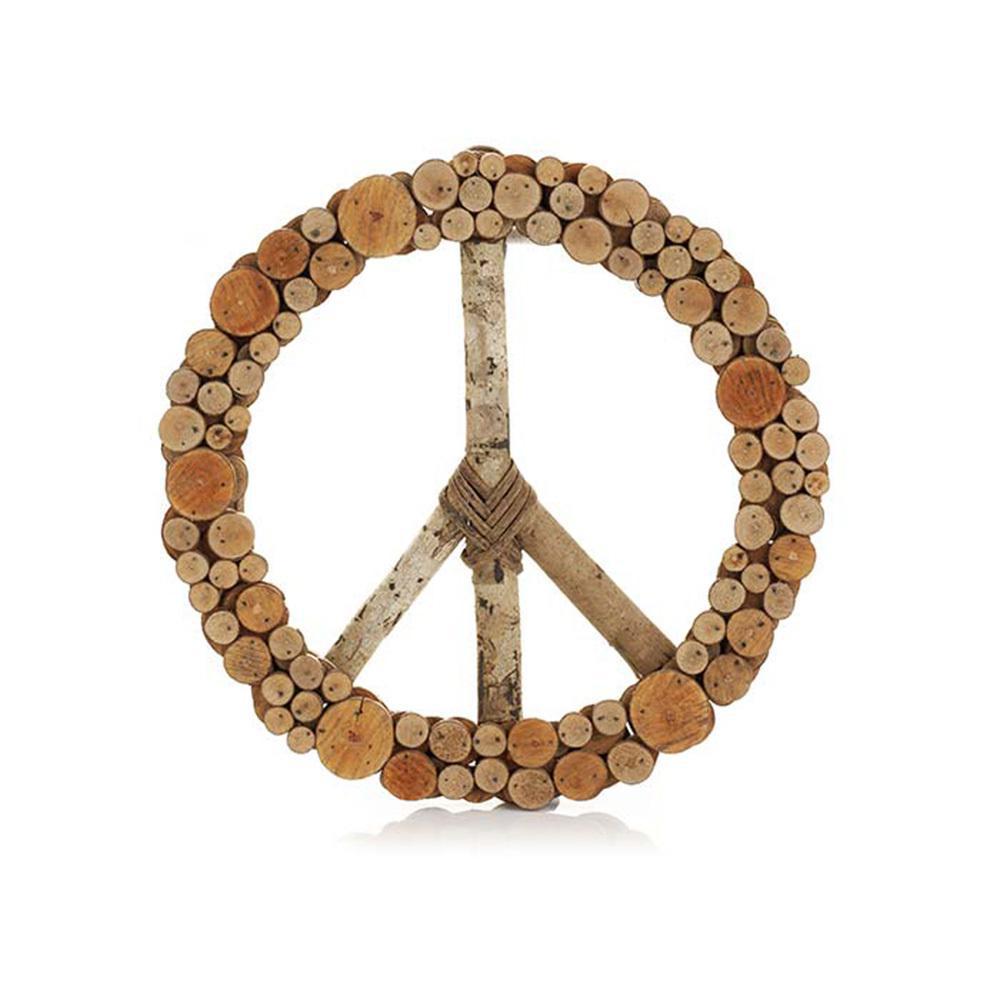 A handmade Layered Peace Wreath made from sustainably harvested wood, in the shape of a peace sign, intended for indoor or outdoor use.