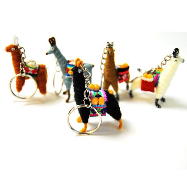 A collection of colorful keychains shaped like llamas, with varying colors and patterns, attached to a metal ring.