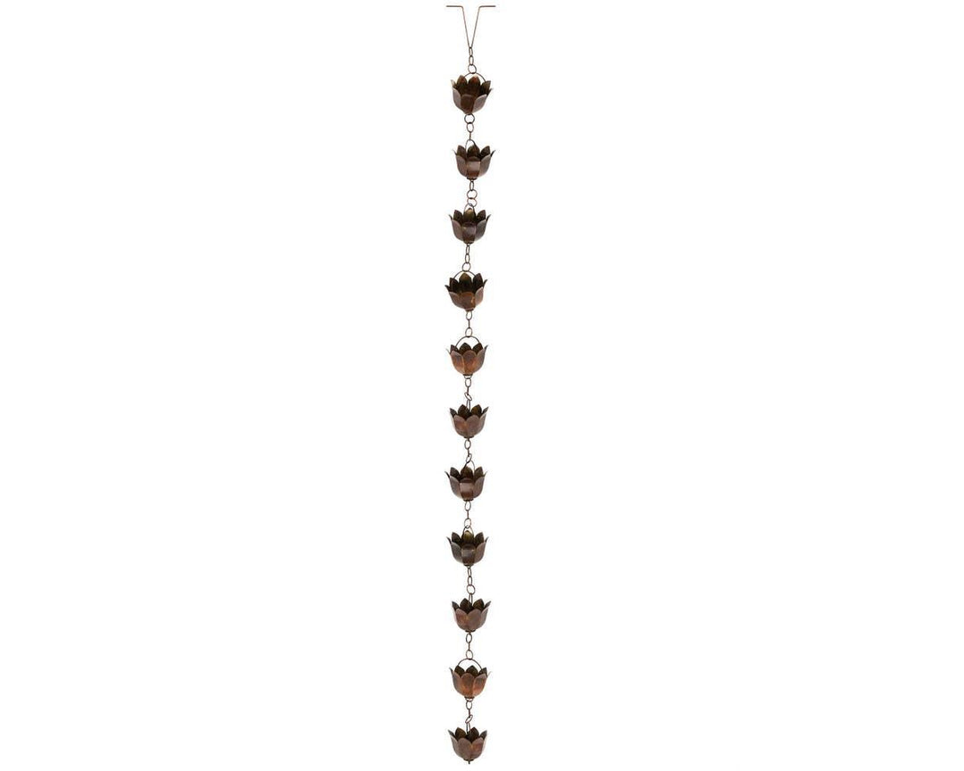 A brass-colored iron rain chain featuring eleven lotus flower shaped cups with a V-shaped hanger for attaching to a rain spout.