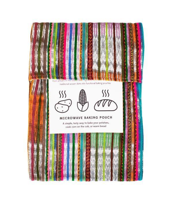 A striped multicolor cotton microwave baking pouch, packaged with a label showing illustrations of a potato, corn, and bread, indicating the pouch's use for baking.