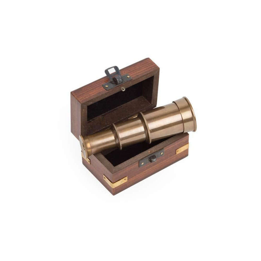 A mini telescope with antique brass finish and a wooden box with a black velvet lining.