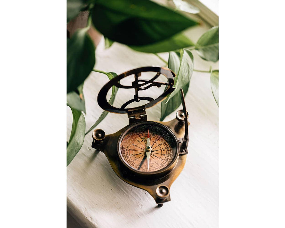 Open sundial compass on a wooden background with plants