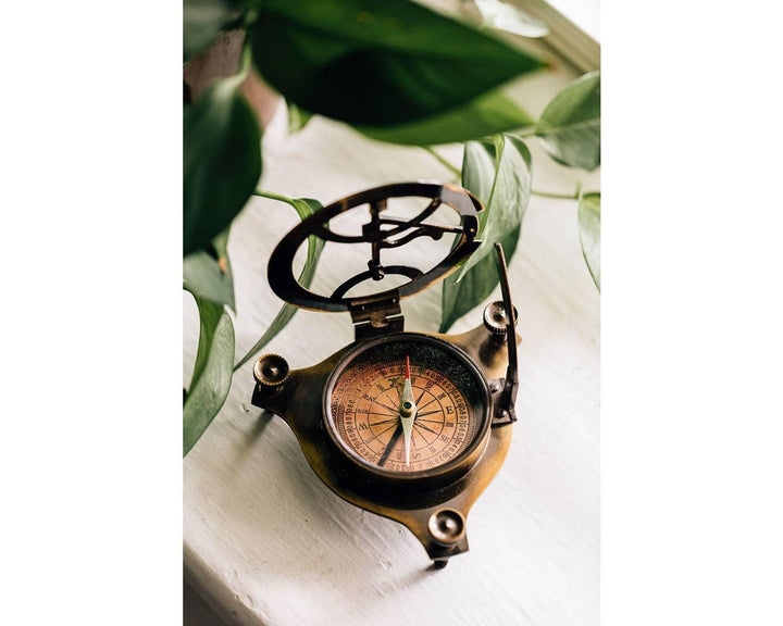 Open sundial compass on a wooden background with plants