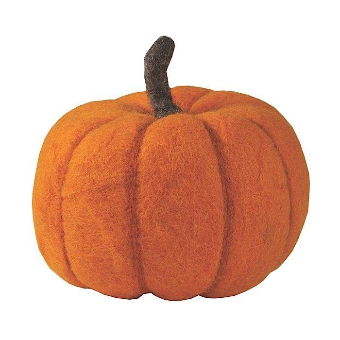Handmade orange felt pumpkin with brown stem, standing 4.5 inches tall. 