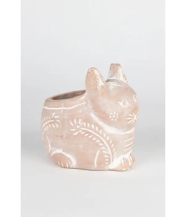 Terracotta cat planter on a white background