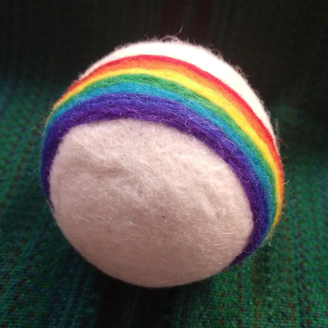 rainbow dryer ball on a green knit backgound